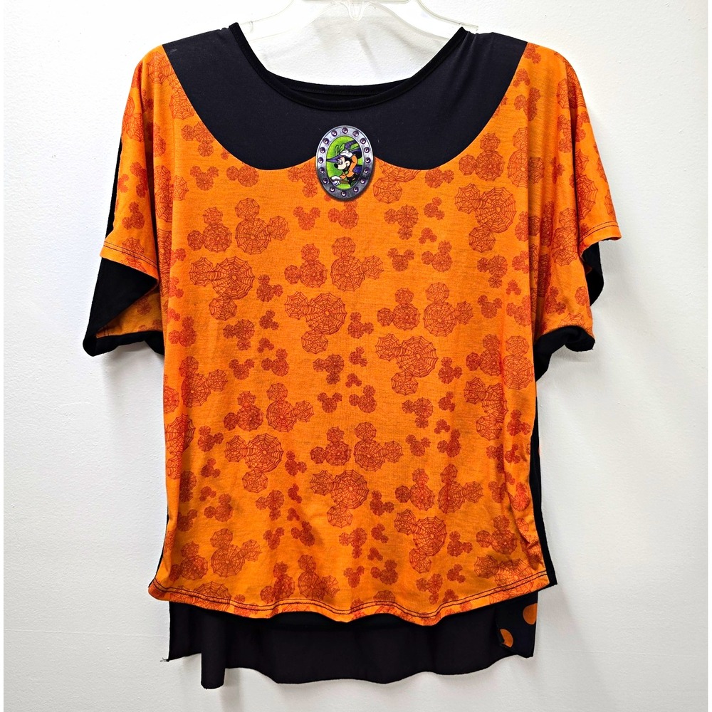 Disney Parks Goofy Halloween Womens M Black/Orange Polka Dot Knit T-Shirt